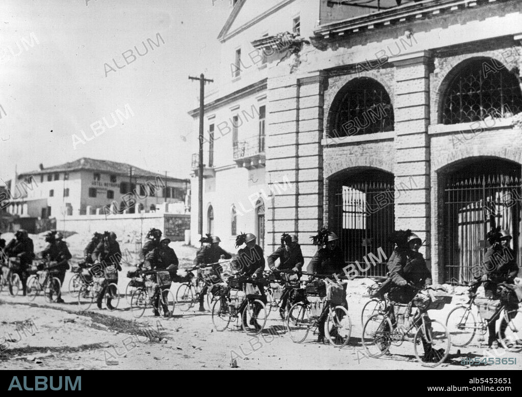 The Italian Occupation Of Albania.Pictures just received of the landing of Italian Troops. Italian cyclist troops marching through Durazzo. April 10, 1939. (Photo by Sport & General Press Agency Limited).