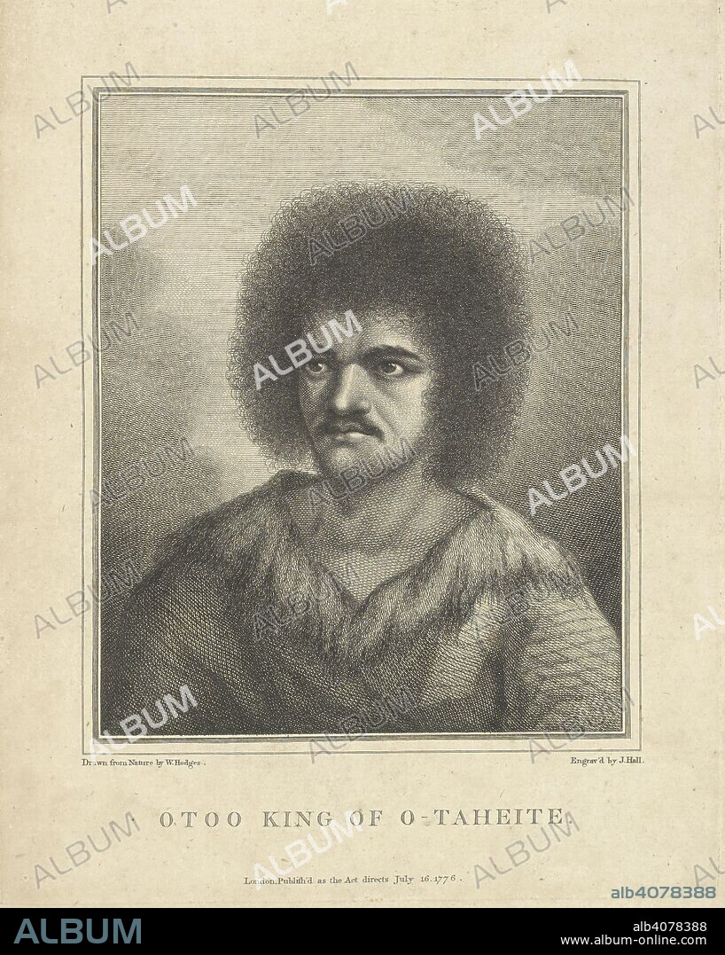 Otoo, king of O-Taheite (Tahiti). Drawn from nature by William Hodges and engraved by John Hall. Head and shoulders frontal portrait of Tu, or Otoo, King Pomare I of Tahiti. He is shown with a bush of curly hair and a fringed garment covering his shoulders. A collection of drawings by A. Buchan, S. Parkinson, and J. F. Miller, made in the Countries visited by Captain James Cook in his First Voyage [1768-1771], also of prints published in John Hawksworth's Voyages of Biron [Byron], Wallis, and Cook [1773], as well as in Cook's second and third Voyages [1772-1775, 1776-1780]. 1768-1780. Captain Cook's second voyage. Source: Add.23921 f.42.