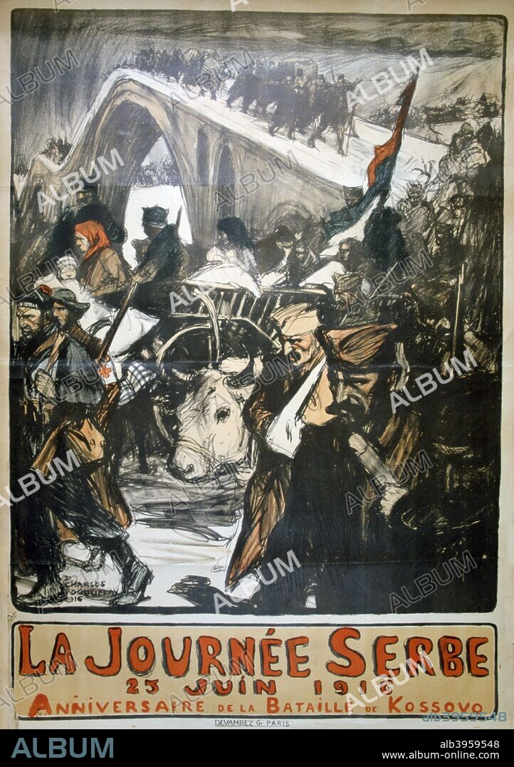 CHARLES FOUQUERAY. '25 June 1916 - Serbia Day', French World War I poster, 1916. Soldiers and civilians carry their possessions across a snow-covered bridge. The poster commemorates the Battle of Kosovo, a heavy defeat for the Serbs during World War I. Serbia was conquered by the combined armies of Germany, Austria-Hungary and Bulgaria in 1915, suffering appalling military and civilian casualties in the process.