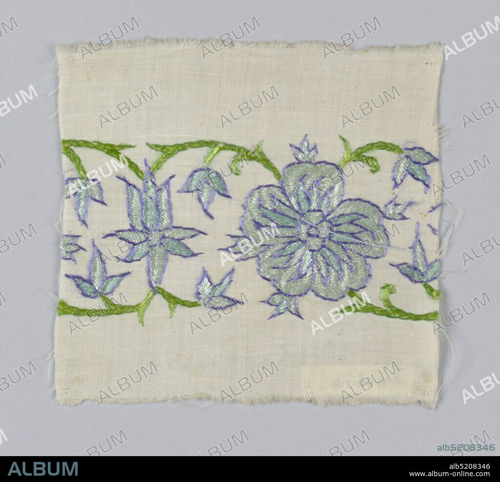 Fragment, Medium: cotton Technique: satin and stem stitch embroidery on plain weave, White muslin with band of embroidery in a floral design of blue, green and purple., India, 19th century, embroidery & stitching, Fragment.