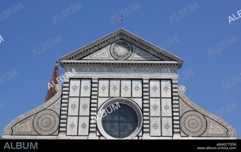 Basilica of Santa Maria Novella, a church in Florence, Italy. The first great Basilica in Florence, and the city's principal Dominican church. Designed by Fra Sisto Fiorentino and Fra Ristoro da Campi. Building began around 1246 AD, and was completed in 1360 under the supervision of Friar Lacopop Talenti, but was not consecrated until 1420. The upper part of the facade was completed circa 1470 by Leone Battisa Alberti.