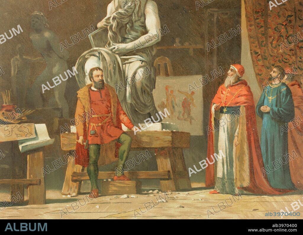 El papa Julio II (1443-1513), humanista y mecenas, visitando al artista Miguel Angel (1475-1564) en su taller, para supervisar los trabajos de su futura sepultura en San Pietro in Vincoli. Cromolitografía, tomo III, 1882. Biblioteca Histórico Militar de Barcelona. Cataluña, España.