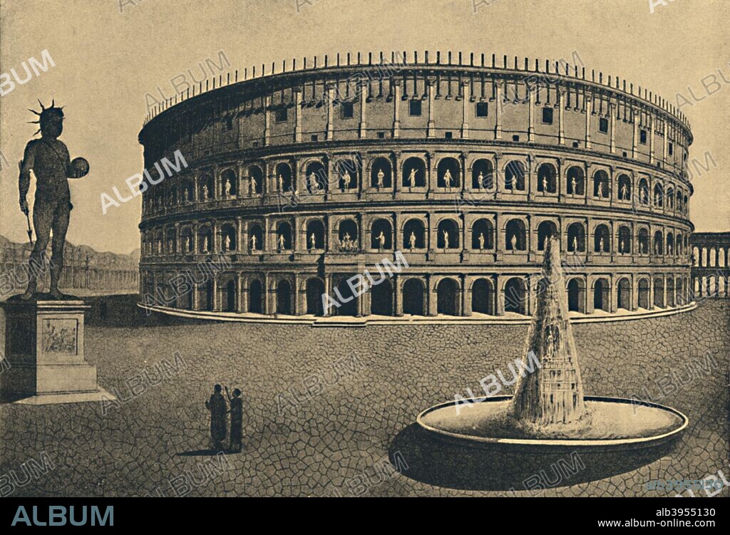 'Roma - Imaginary reconstruction of the Colosseum', 1910. Colosseum of the Meta Sudans, with Colossal bronze Statue of Nero. From Cento Vedute Classiche di Roma. [Enrico Verdesi, Rome, 1910].