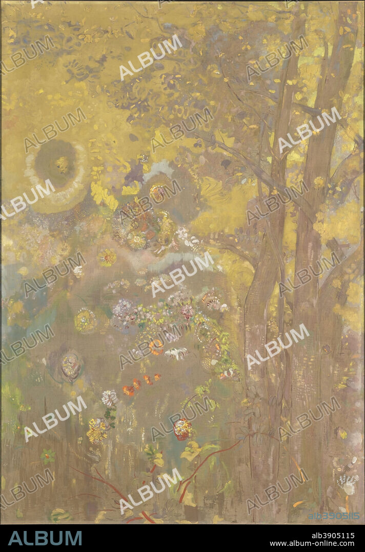 ODILON REDON. Arbres sur un fond jaune Trees on a yellow Background. Date/Period: 1901. Oil, tempera, charcoal and pastel on canvas. Oil, distemper, charcoal and pastel on canvas. Height: 2,470 mm (97.24 in); Width: 1,730 mm (68.11 in).