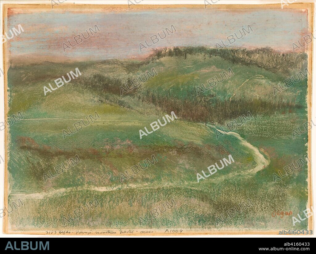 HILAIRE GERMAIN EDGAR DEGAS. Landscape. Edgar Degas; French, 1834-1917. Date: 1892. Dimensions: 255 × 345 mm (image); 261 × 350 mm (sheet). Pastel, over color monotype, with wiping and incising, on pink wove paper, altered to tan. Origin: France.