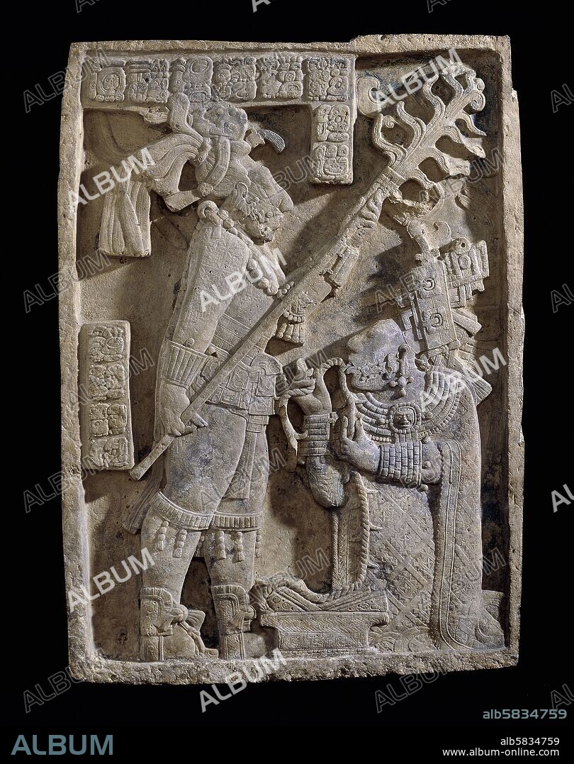 Lintel 24, one of three panels from structure 23 at Yaxchilan, 
Mexico. It represents a bloodletting ritual performed by the king of Yaxchilan, Shield Jaguar II, and his wife, Lady K'ab'al Xook. The Maya king holds a flaming torch over his wife, who is pulling a thorny rope through her tongue. The glyphs in the text at the top indicate the event and the date, 709 CE.