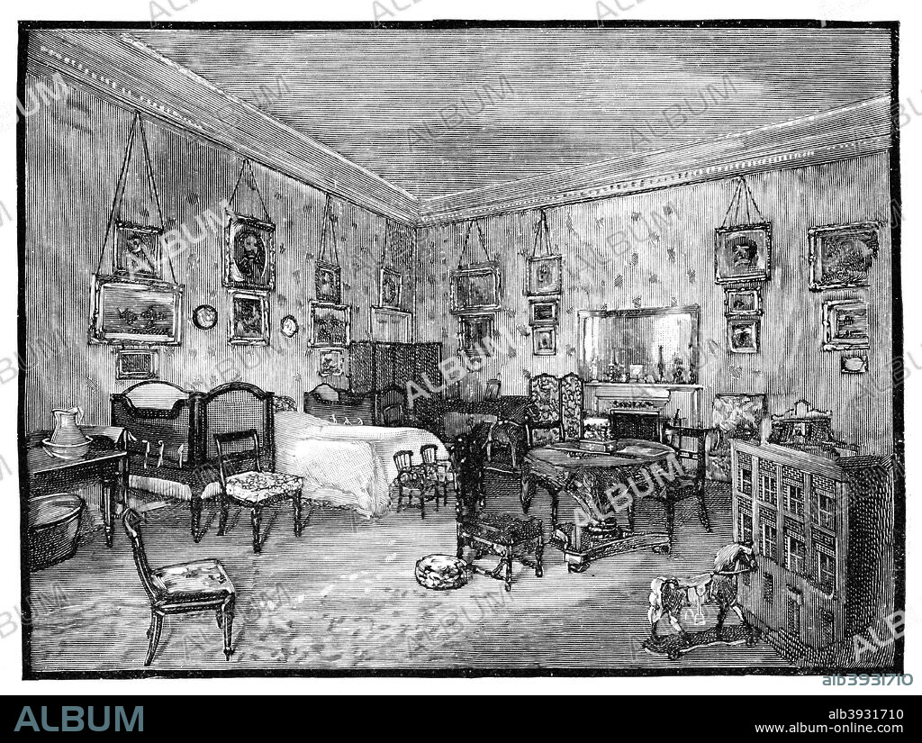 The Royal Nursery, Osborne House. Children's room with doll's house and cot. Illustration from The Life & Times of Queen Victoria, by Robert Wilson, Vol III.