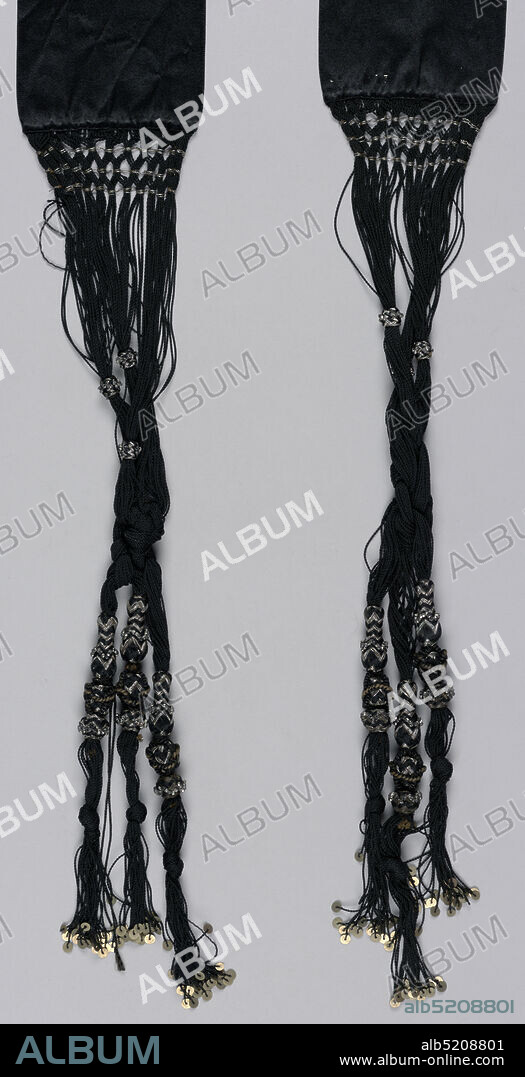 Belt, Medium: silk Technique: satin weave, Belt or sash of black satin ribbon trimmed on each end with fringe and tassels of black silk, metal thread and paillettes., USA, late 19th century, woven textiles, Belt.