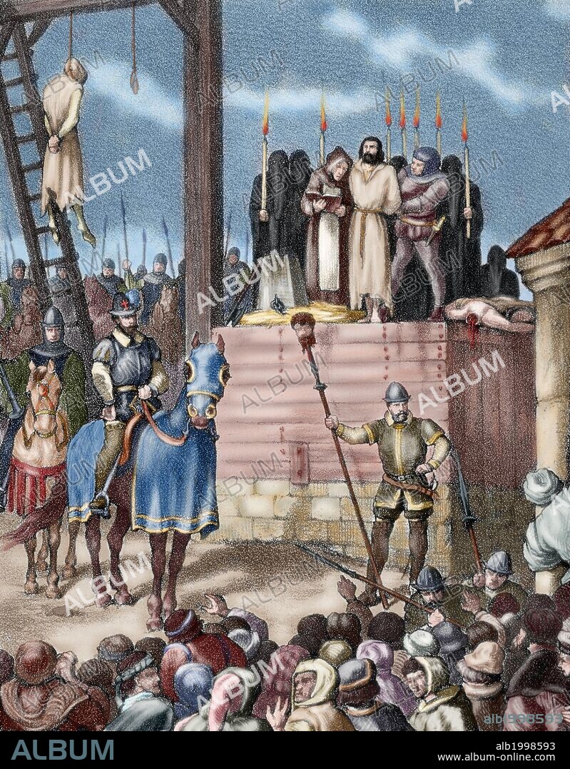 Reinado de Felipe II de Castilla y I de Aragón. Alteraciones de Aragón. Tras la revuelta de Zaragoza de 1591, y la huida de Antonio Pérez de la cárcel de Madrid, el rey Felipe II intervino y modificó la constitución política aragonesa y las Cortes. Durante la segunda mitad del siglo XVI el Reino de Aragón vivió conflictos que culminaron con enfrentamientos entre las instituciones aragonesas y el rey. Juan V de Lanuza fué capturado y decapitado en la plaza del mercado, por orden real, como muchos líderes de la revuelta. Grabado del siglo XIX. Coloreado.