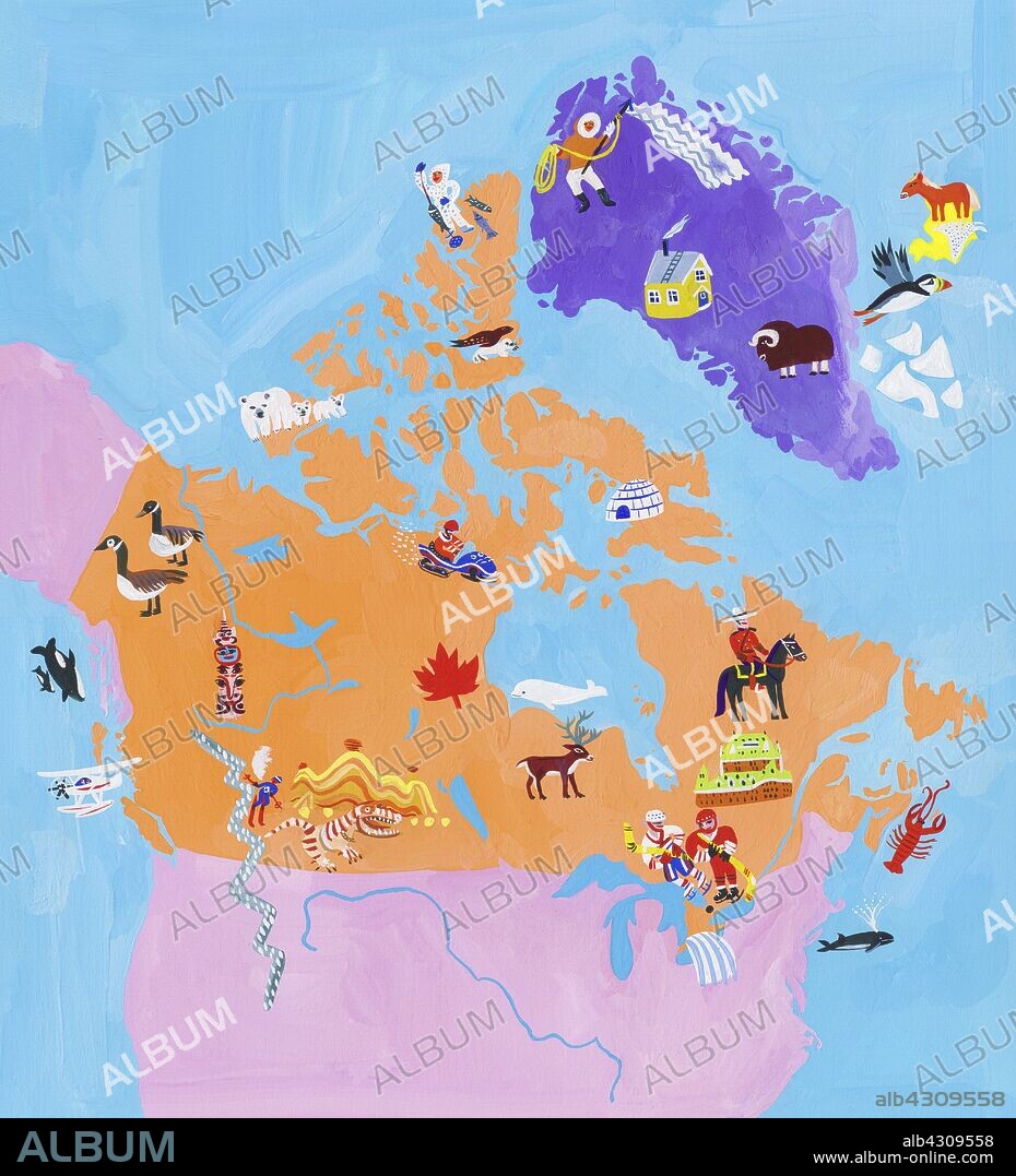 Illustrated map of Canada and Greenland.