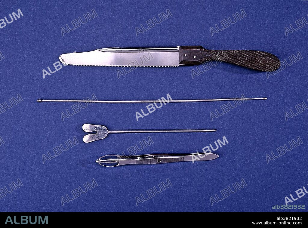 Instruments used in President Abraham Lincoln's autopsy, April 15, 1865. From top to bottom: metacarpal saw, double-ended probe, tongue tie, artery forceps. An autopsy is a medical procedure that consists of a thorough examination performed on a body after death, to evaluate disease or injury that may be present and to determine the cause and manner of a person's death.