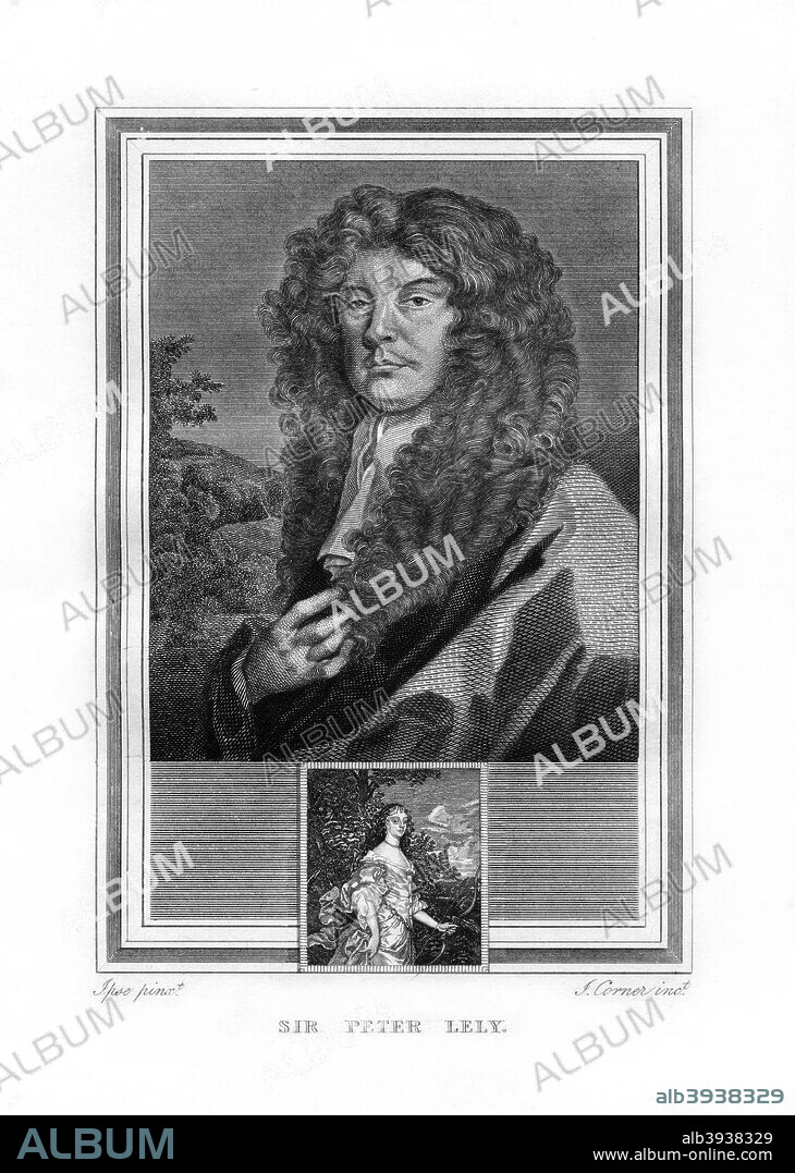 Sir Peter Lely, Dutch-born English Baroque era painter, (1825). An engraving of Lely (1618-1680) from John Corner's Portraits of Celebrated Painters, (London, 1825).