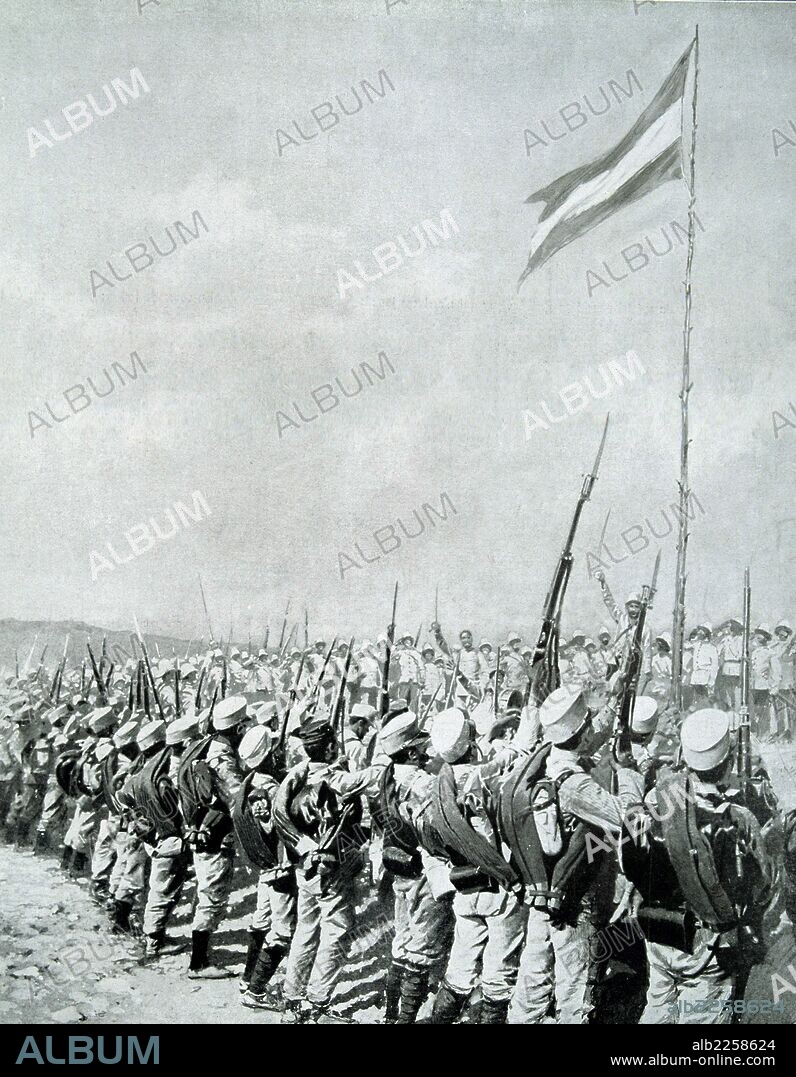 GUERRA DE MELILLA O GUERRA DEL RIF 1890-1909. REGENCIA DE MARIA CRISTINA DE HABSBURGO. REINADO DE ALFONSO XIII. " ACLAMACIONES A LA BANDERA ESPAÑOLA IZADA EN EL MONTE GURUGU , AÑO 1909 ". GRABADO DE L ¿ILLUSTRATION.