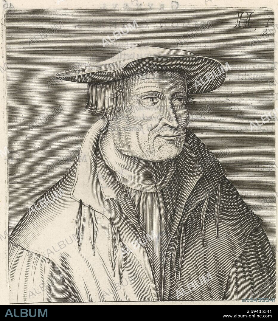 Portrait of Sebastian Münster, Hendrick Hondius (I), 1599, Bust to the right of Sebastian Münster. Below the portrait his name and four lines in Latin. Print from (part 1 of) the series of portraits of famous reformers., print maker: Hendrick Hondius (I), (mentioned on object), Staten-Generaal, (mentioned on object), The Hague, 1599, paper, engraving, letterpress printing, h 168 mm × w 121 mm.
