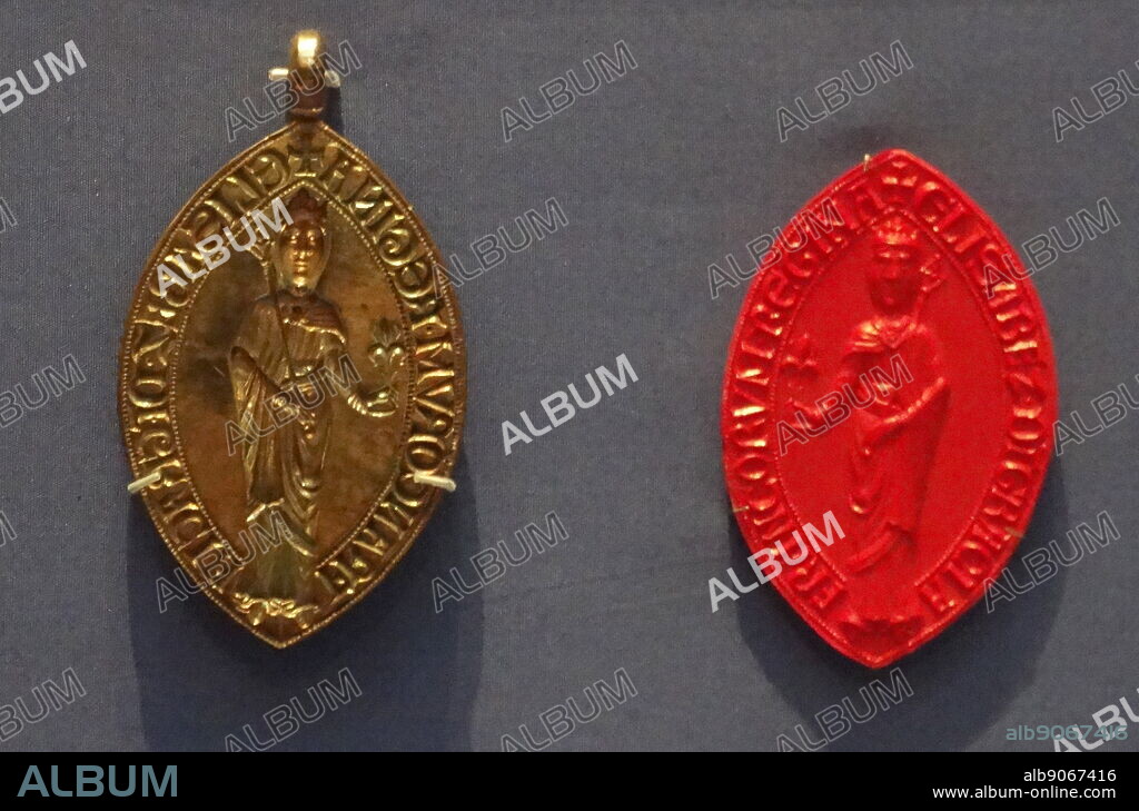Medieval royal seal of Isabella of Hainault, queen of France (reigned 1180-90), Seen with a sceptre and a fleur-de-lis. When she was 11 years old she married Philip Il of France.