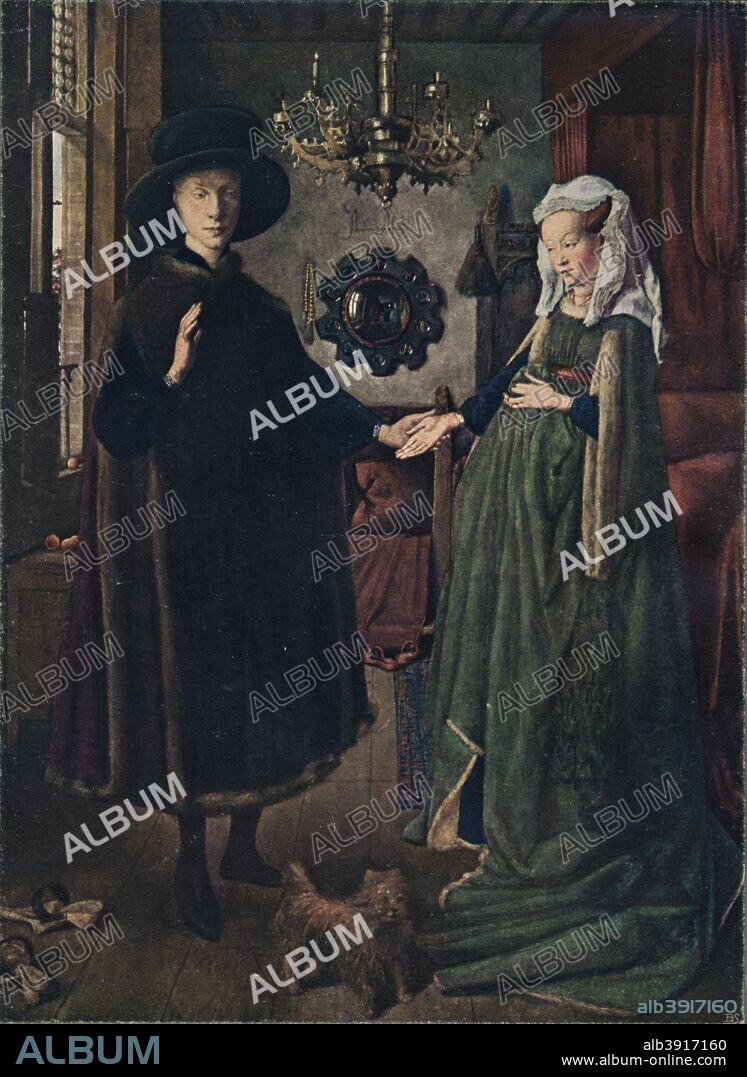 The Arnolfini Portrait, 1434. This portrait shows Giovanni di Nicolao Arnolfini (c1400- after 1452) and his wife Jeanne de Chenany. Painting held in The National Gallery, London. From The Connoisseur Volume VIII [Otto Limited, London, 1904.].