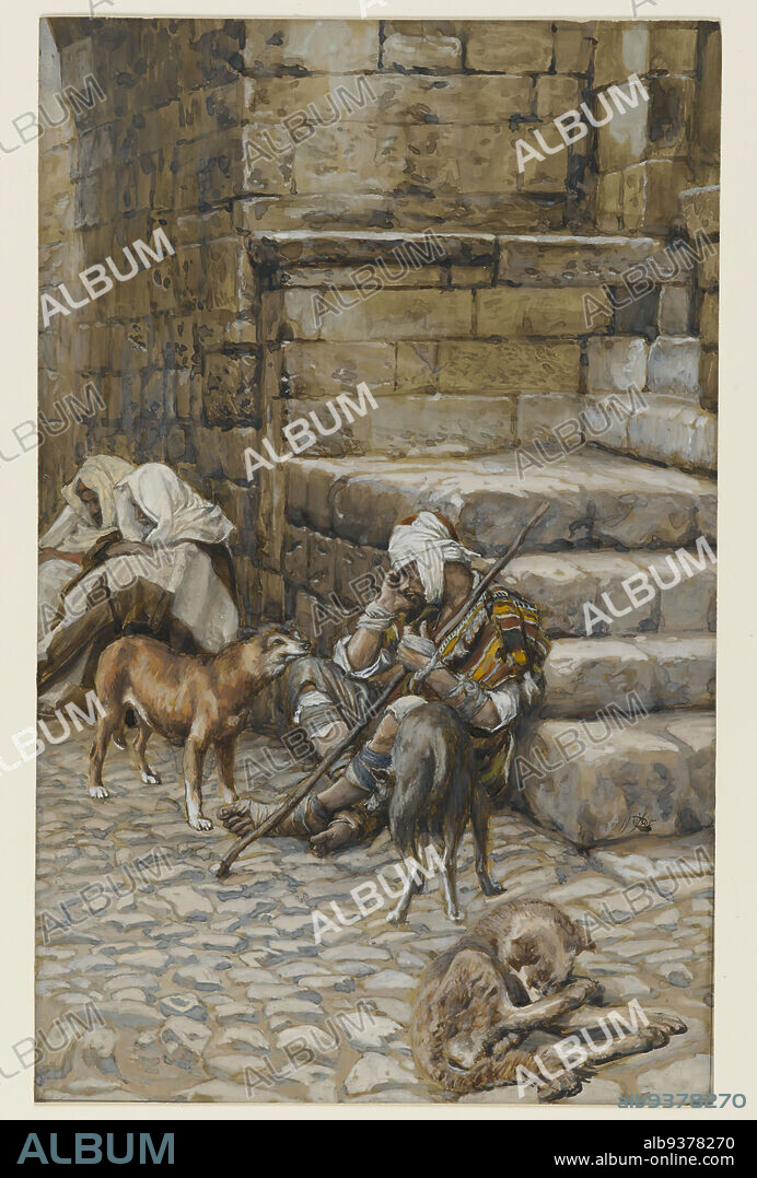 The Poor Lazarus at the Rich Man's Door, Le pauvre Lazare à la porte du riche, The Life of Our Lord Jesus Christ, La Vie de Notre-Seigneur Jésus-Christ, James Tissot, French, 1836-1902, Opaque watercolor over graphite on gray wove paper, France, 1886-1894, Image: 10 3/4 x 6 11/16 in., 27.3 x 17 cm, bandage, Bible, Biblical, Catholicism, Christ, Christianity, dog, French, Jesus, Luke 16:19-21, New Testament, pavement, poor, poverty, Religion, Religious, steps, tair, wounded.