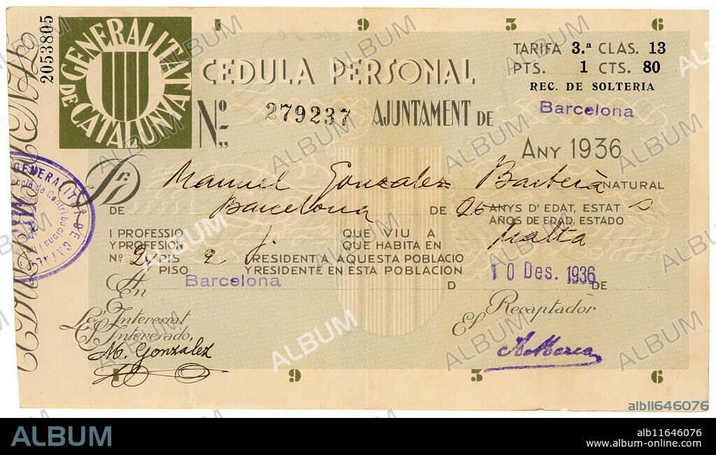 España. Catalunya. Guerra civil (1936-1939). Cédula personal de identidad expedida por el Ayuntamiento de Barcelona. Año 1936.