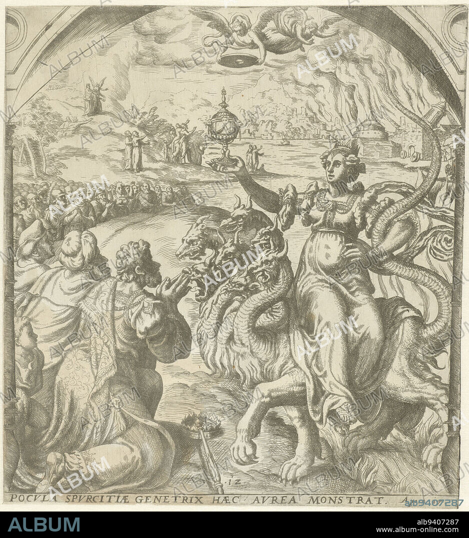 In the foreground the whore Babylon, sitting on a dragon with seven heads and ten horns. In her hand a golden cup. The woman is worshiped by kings. An angel flies in the air announcing the downfall of Babylon. Another angel flies along with a millstone (symbol of Babylon) in his hands. In the background on the right the destruction of Babylon. On the left people mourn for Babylon (Op. 17: 3-6, 18:9-21), Whore of Babylon and the destruction of Babylon Candelabra atqve stola grandae vvm cernis amictvm, Revelation of John (series title)., print maker: Gerard van Groeningen, Antwerp, 1563 - 1574, paper, etching, engraving, h 267 mm × w 247 mm.