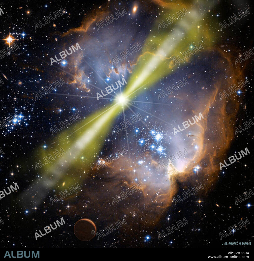 Artist's concept shows the "naked-eye" GRB close up. Observations suggest material shot outward in a two-component jet (white and green beams). Unparalleled data from satellites and observatories around the globe show that the jet from a powerful stellar explosion March 19 (2008) was aimed almost directly at Earth. The event, called a gamma-ray burst, became bright enough for human eyes to see. The observations give astronomers the most detailed portrait of a burst ever made. NASA's Swift satellite detected the explosion - formally called GRB 080319B - at 2:13 a.m. EDT that morning and pinpointed its position in the constellation Bo??tes.