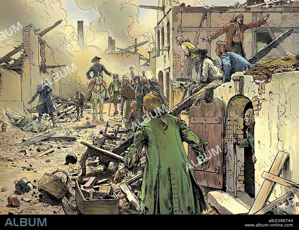 The city of Cuestrin oder Kuestrin destroyed by Russian troops after the Battle of Zorndorf on 25 August 1758 in the Seven Years' War, Frederick II or Frederick the Great, 1712 - 1786, King of Prussia and Elector of Brandenburg from the royal house of Hohenzollern, historical painting from the 19th century