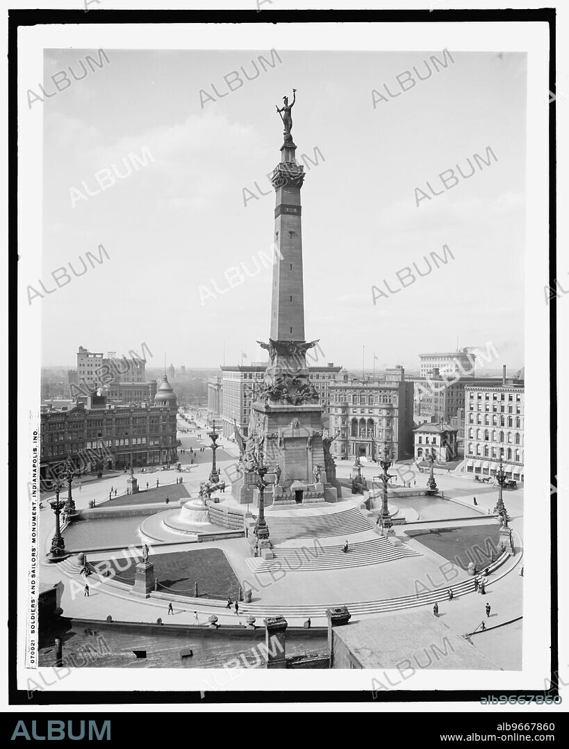 Soldiers' and Sailors' Monument, Indianapolis, Ind., c1907. War memorial designed by German architect Bruno Schmitz, surmounted by figure of Lady Victory, and dedicated in 1902. The monument's original purpose was to honour Hoosiers who were veterans of the American Civil War. It also commemorates Indiana's soldiers who served during the American Revolutionary War, territorial conflicts that partially led to the War of 1812, the Mexican-American War, and the Spanish-American War. The monument is the first in the United States to be dedicated to the common soldier.