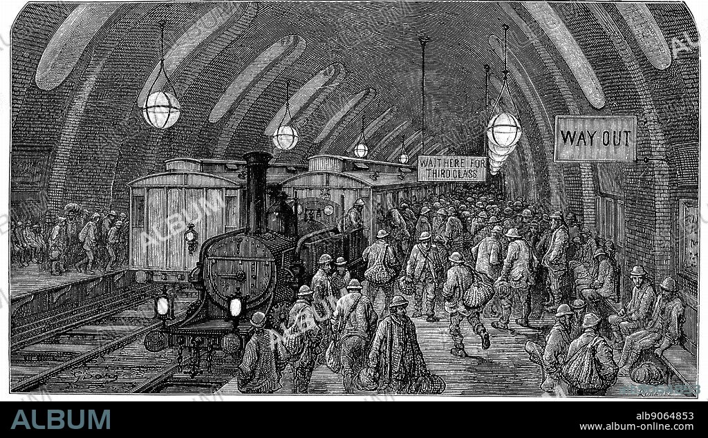 The Workmen's Train'. From Gustave Dore and Blanchard Jerrold 'London: A Pilgrimage' London 1872. This picture shows steam trains at Gower Street station on the Metropolitan (underground) railway which opened in 1863. Workers hurry to catch their morning train. Wood engraving.