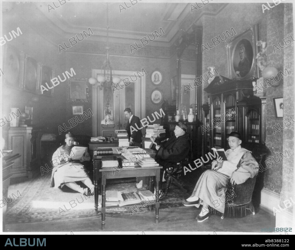 FRANCES BENJAMIN JOHNSTON. Chinese Legation in Stewart Castle, Dupont Circle, Wash., D.C., between 1890 and 1950. Wu Ting-Fang and three other Chinese men reading.