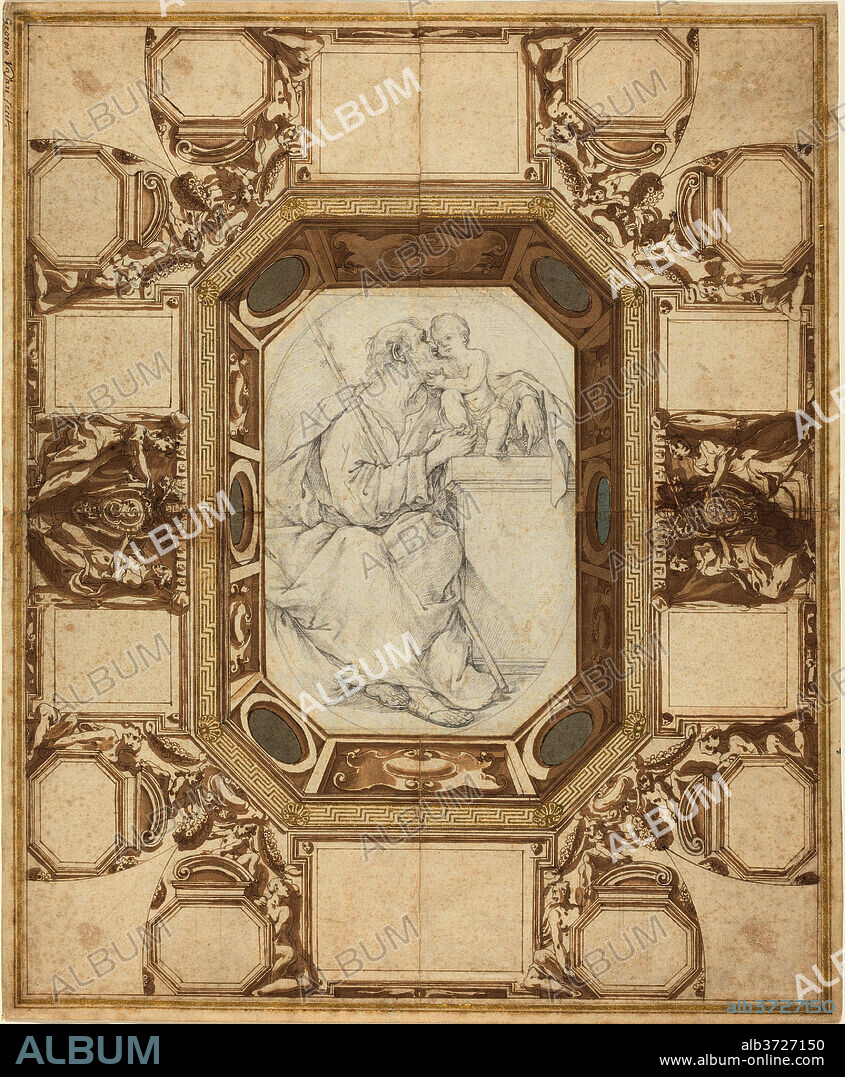 GIOVANNI GUERRA AND DOMENICO MARIA VIANI. Ceiling with Allegorical Figures and the Arms of Pope Sixtus V (Guerra's outer drawing); Saint Joseph and the Christ Child (Viani's central drawing). Dated: outer drawing c. 1587; central drawing after 1690; attachments c. 1700-1725. Dimensions: center section (octagon): 23.3 x 16.2 cm (9 3/16 x 6 3/8 in.)  Overall (ceiling design): 51.1 x 41.8 cm (20 1/8 x 16 7/16 in.)  mount: 53.3 x 44 cm (21 x 17 5/16 in.). Medium: pen and brown ink with brown wash over black chalk on heavy laid paper (outer drawing); graphite on heavy laid paper (central drawing); gold leaf borders and paper cut-outs adhered to oculi (Talman additions).