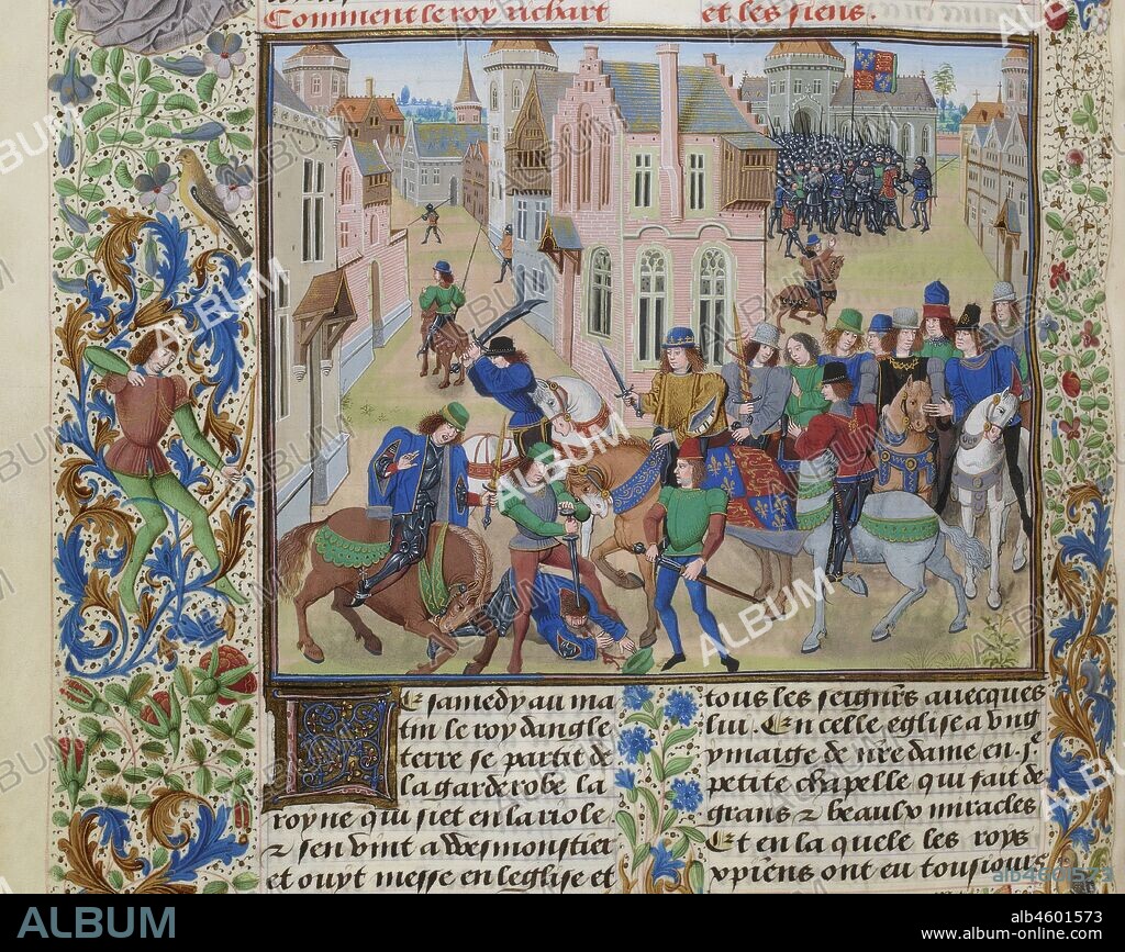 LOYSET LIEDET. The Death of Wat Tyler (Miniature from the Grandes Chroniques de France by Jean Froissart).
