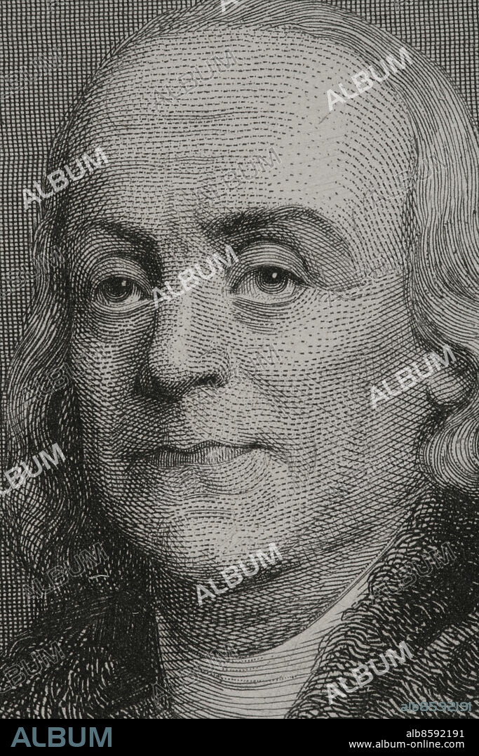 CHARLES GEOFFROY (1819-1882). FRENCH ENGRAVER.. Benjamin Franklin (1706-1790). American scientist, inventor and politician. In 1776 he wrote, with Jefferson and John Adams, the Declaration of Independence of the United States of America. Portrait. Engraving by Geoffroy. Detail. "Historia Universal", by César Cantú. Volume VI. 1857.