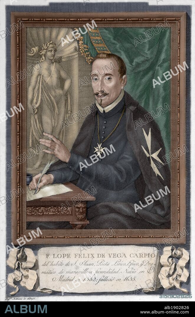 RAFAEL XIMENO Y PLANES (after). Felix  Lope de Vega y Carpio (1562-1635). Spanish playwright and poet, one of the key figures in the Spanish Golden Century Baroque literature. Colored engraving.