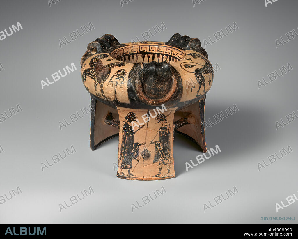Attributed to the Group of the Boeotian Dancers, Terracotta tripod kothon (vessel for perfumed oil), Greek, Boeotian, Archaic, Date mid-6th century B.C., Greek, Boeotian, Terracotta; black-figure, H. 6 1/2 in. (16.5 cm), diameter 7 1/8 in. (18.1 cm), Vases.