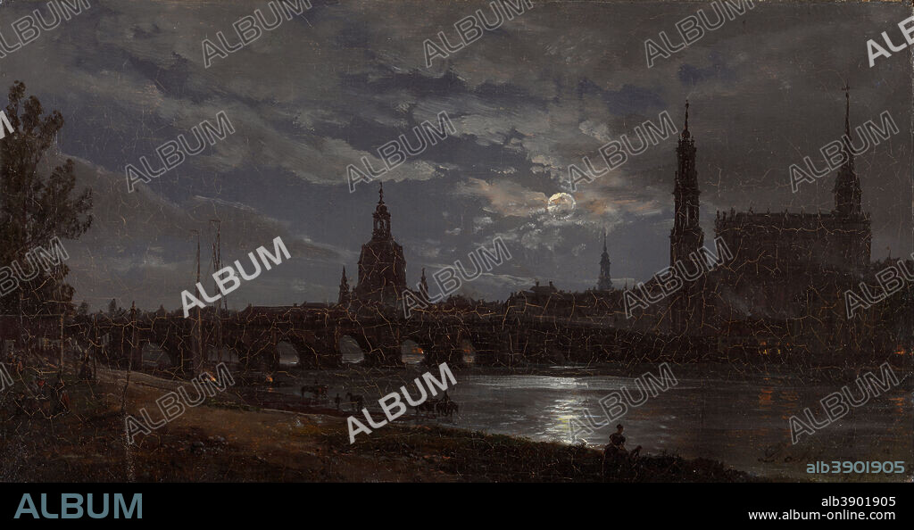 JOHAN CHRISTIAN DAHL. View of Dresden by Moonlight. Date/Period: 1838. Painting. Olje på lerret. Width: 34.5 cm. Height: 18.5 cm.
