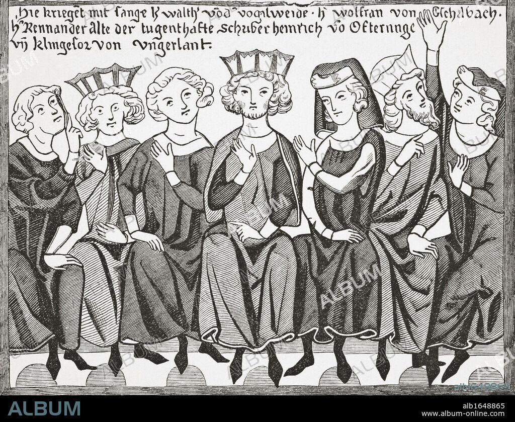 Poetical and musical congress at Wartburg in 1207. The Minnesingers, Walther Vogelweide,Wolfram of Eschenbach, Reinmar of Zweter, Henry called the Virtuous Writer, Henry of Ofterdingen and Klingsor of Hungary. After a miniature from a 14th century manuscript from the Treatise on the Minnesingers. From Science and Literature in The Middle Ages by Paul Lacroix published London 1878.