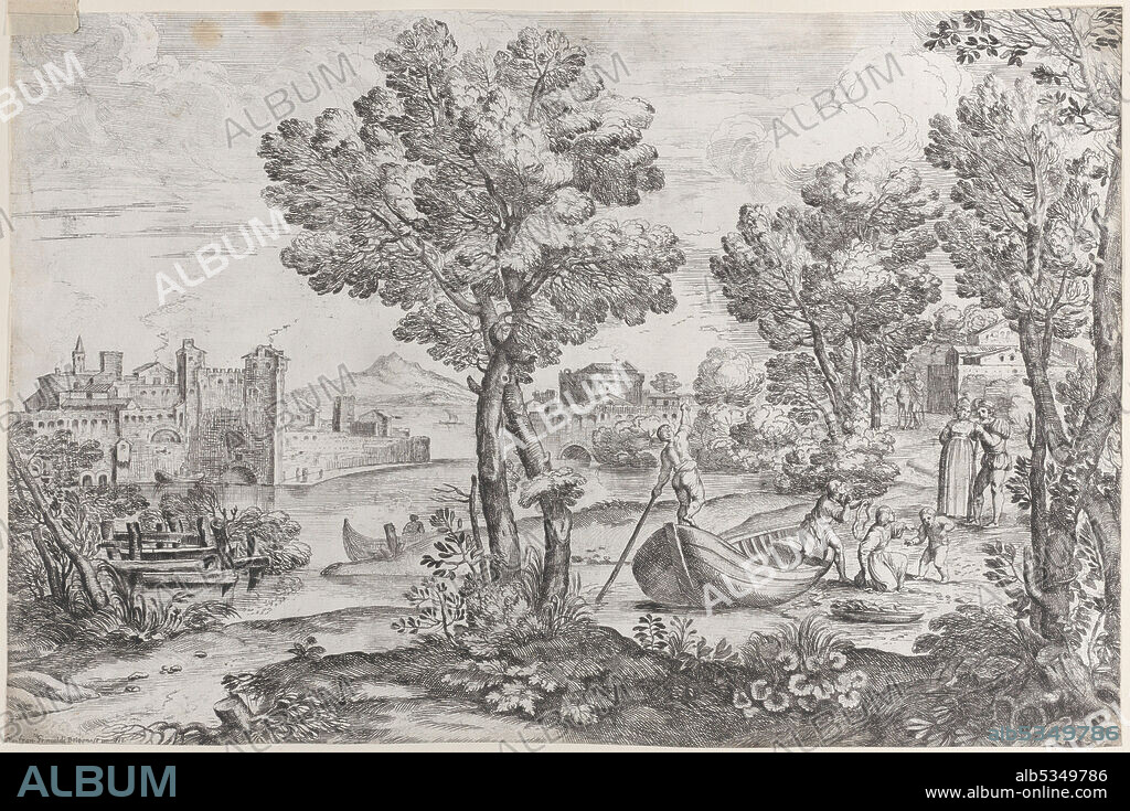 GIOVANNI FRANCESCO GRIMALDI. Landscape with a man holding a snake to a terrified child, watched by a fashionably dressed couple on the riverbank at right, 1626-80.