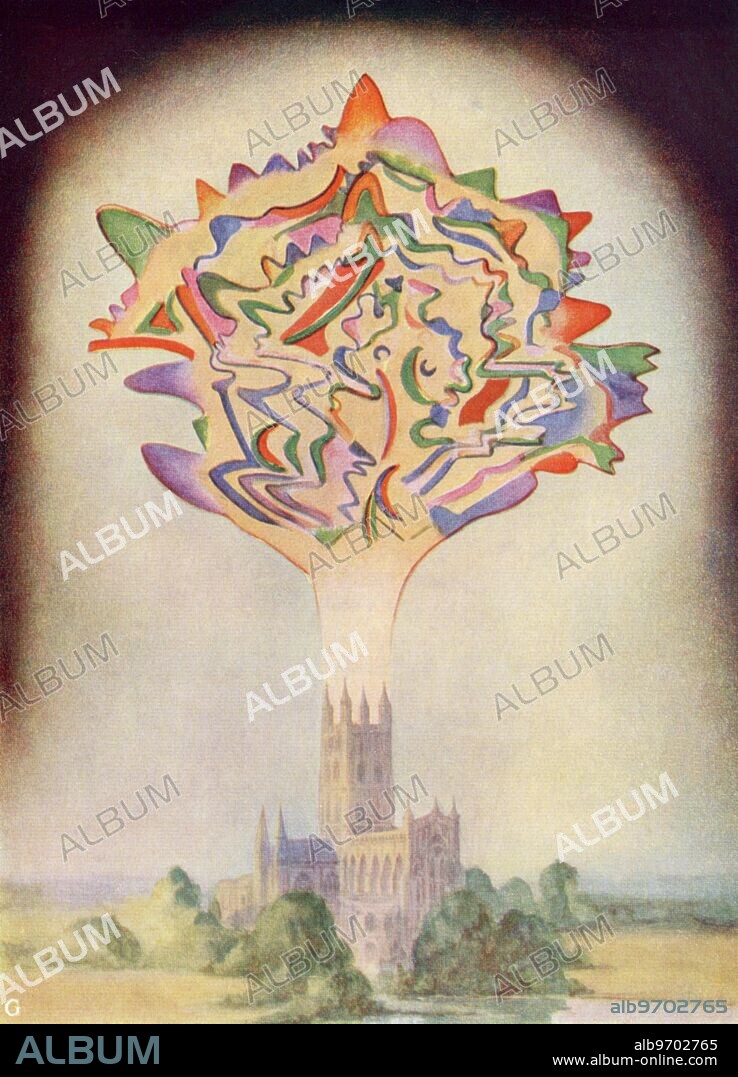 THEOSOPHY - THOUGHT-FORMS - ASTRAL PLANE. Occult vision of the music of Gounod, being played on a church organ. Paintings of thought-forms were originated by a group of Theosophists, towards the end of the nineteenth century. The paintings were done, following the occult observations of such 'thoughts' or 'visions' on the astral plane, by Charles Leadbeater (Besant claimed such an astral vision, but it is unlikely that this was genuine), by John Varley (a descendant of the John Varley who taught William Blake astrology), Mr. Prince and Miss Macfarlane, all three of whom painted 'in earth's dull colours the forms clothed in the living light of other worlds'. The paintings were reproduced, and discussed, in Annie Besant and C.W. Leadbeater, Thought-Forms, 1901 edn, from which these plates are photographed.