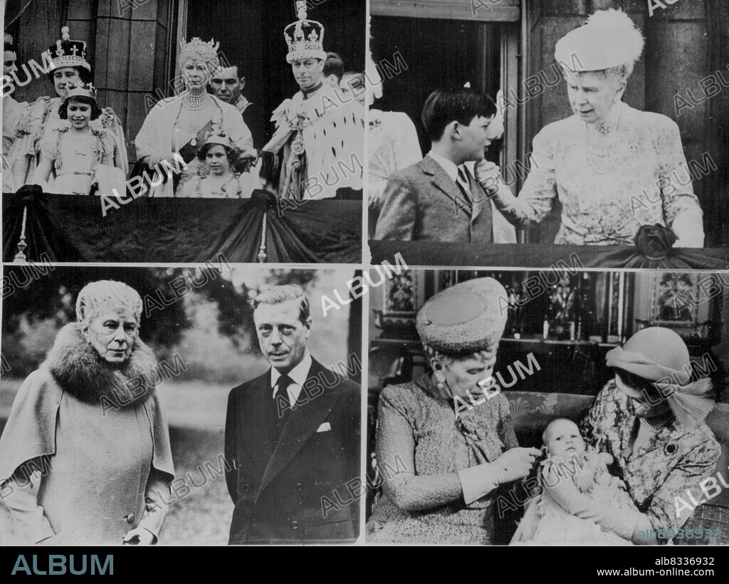 One Of Three, Queen Mary Through The Years -- These photos show Queen Mary, born in London on May 26, 1967, at Various stages of her life. Top Left: Members of the Royal Family on the balcony of Buckingham Palace after the Coronation of King George VI in 1937. The King is on the right; His Queen on the left, and Queen Mary in the centre. In front are Princesses Elizabeth (now Queen Elizabeth) (left), and Margaret. Top Right: Queen Mary chats with Prince Michael of Kent on the same balcony after watching a fly past during celebrations of King George VI's official birthday, June 8, in 1950. Bottom Left: Queen Mary and her eldest son, The Duke of Windsor, in Grounds of Marlborough House, her London Home, during October 1945. Bottom Right: Queen Mary lends a hand as Princess (now Queen) Elizabeth adjusts the dress of Princess Anne at Buckingham Palace after the Christening there of the Baby Princess. October 21, 1950. (Photo by Associated Press Photo).