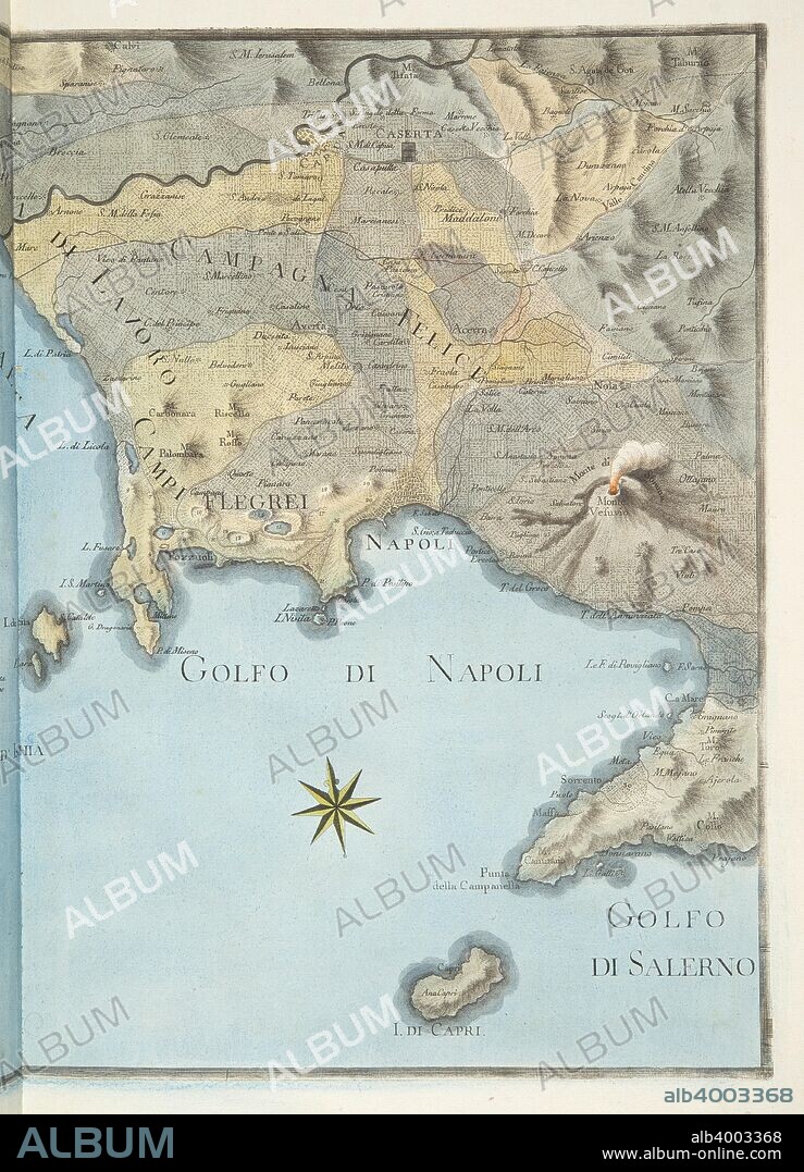 Map of the Gulf of Naples and surrounding area from 'Campi Phlegraei: Observations on the Volcanoes of the Two Sicilies', by Sir William Hamilton (1730-1803), published 1776 (hand coloured engraving). R-H side of 414_STC4225.