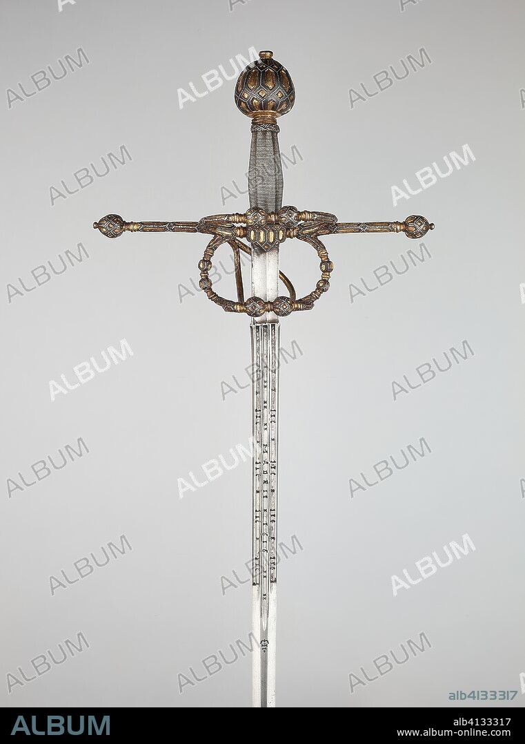 Rapier. Hilt: Italian; Blade: Spanish. Date: 1560-1580. Dimensions: Overall L. 114.5 cm (45 in.)
Blade L. 101 cm (39 3/4 in.)
Wt. 3 lb. 4 oz. Steel, iron with gilding, silver, and wood. Origin: Italy.