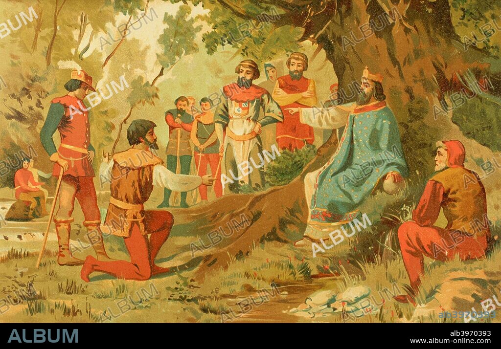 Carlomagno (c. 748-814). Rey de los francos, rey nominal de los lombardos y emperador. Carlomagno administrando justicia en público. Cromolitografía, tomo III, 1882. Biblioteca Histórico Militar de Barcelona. Cataluña, España.