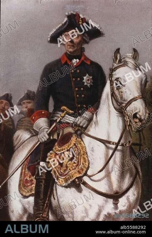 Friedrich II. (der Große), König von Preußen (1740-86), Berlin 24.1.1712 - Sanssouci bei Potsdam 17.8.1786. Friedrich der Große zu Pferd im Siebenjährigen Krieg. Lithographie, koloriert, nach einem Gemälde von Wilhelm Camphausen (1818-1885).