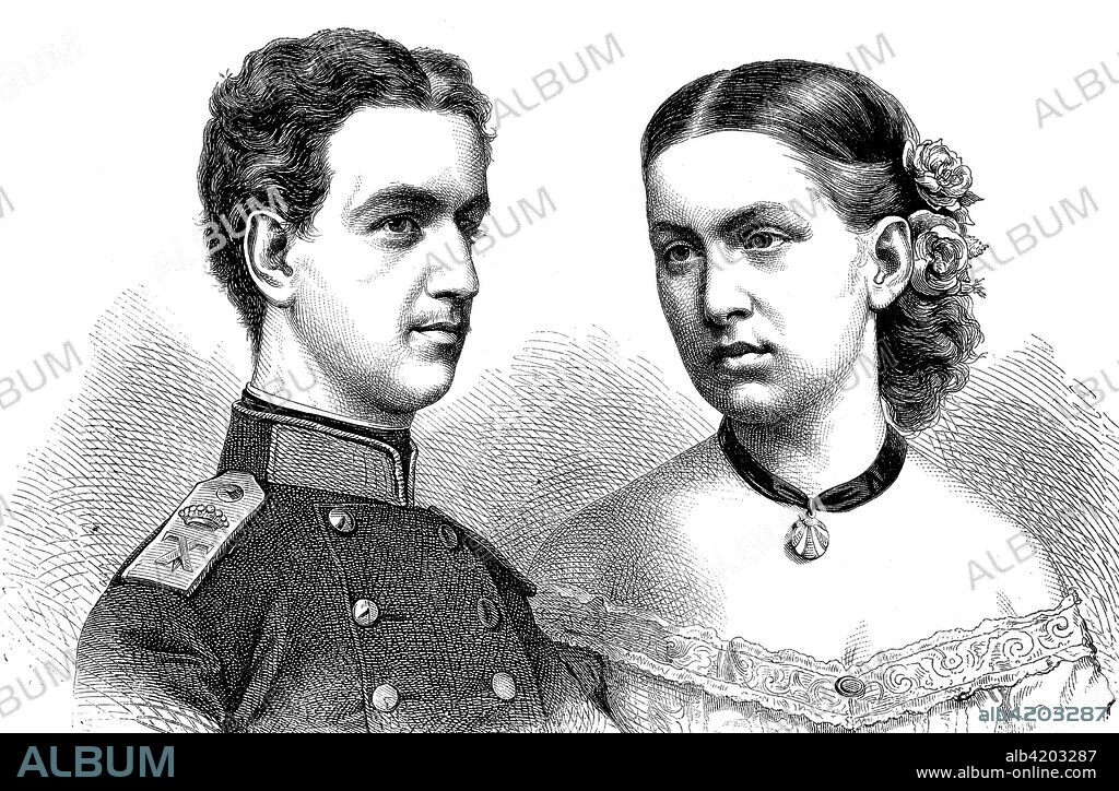 George I of Greece and his wife Grand Duchess Olga Constantinovna of Russia illustration from the 19th century.