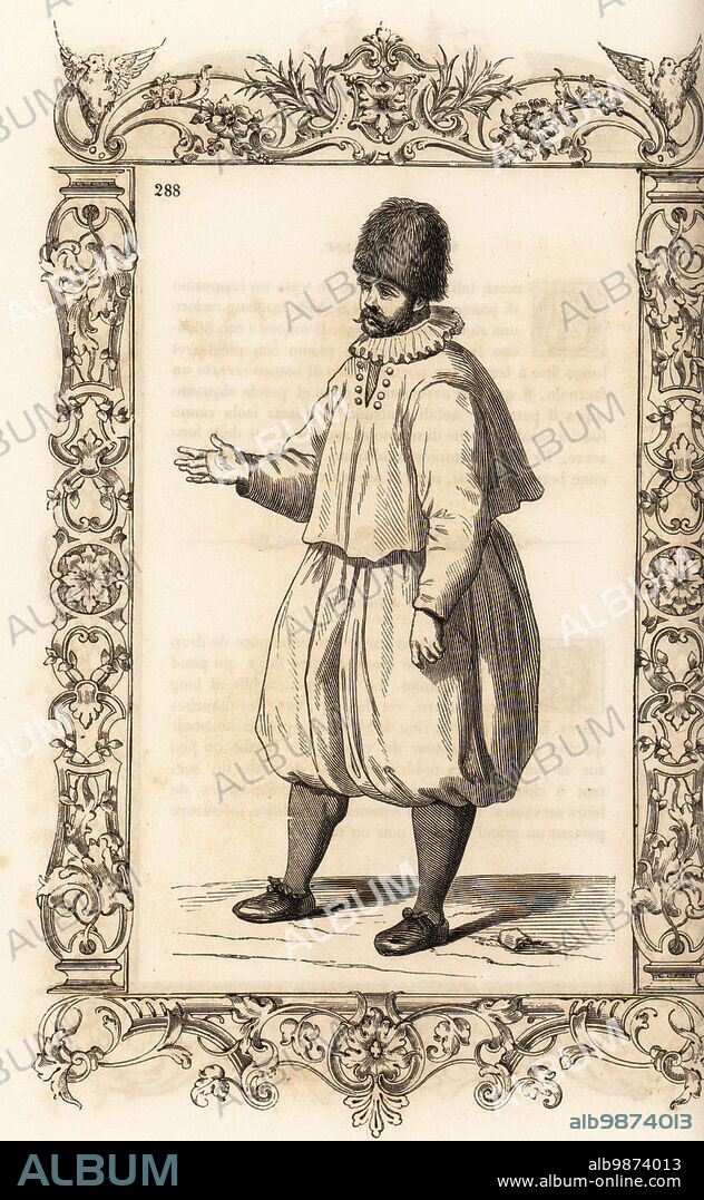 English sailor, 16th century. He wears a fur hat, ruff collar, short jacket and wide puffed breeches. Marin Anglais. Within a decorative frame engraved by H. Catenacci and Fellmann. Woodblock engraving by Gerard Seguin and E.F. Huyot after a woodcut by Christoph Krieger from Cesare Vecellios 16th century Costumes anciens et modernes, Habiti antichi et moderni di tutto il mondo, Firman Didot Ferris Fils, Paris, 1859-1860.
