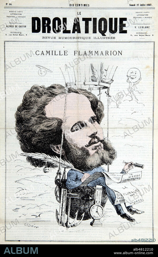 Camille FLAMMARION et ses ecrits : La pluralite des mondes. Le monde imaginaire. Caricature de GEDEON (ne en 1832) pour la revue satirique Le Drolatique du 27 juillet 1867. Credit : Collection Kharbine-Tapabor.