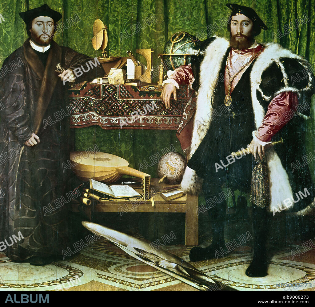 The Ambassadors', , (1533): Jean de Dinteville (1504-1555) and Georges de Selve (1508-1551), Bishop of Lavaur, ambassadors at the court of Henry VIII of England. Hans Holbein the Younger (1497-1543) German-born artist. Condition before cleaning.
