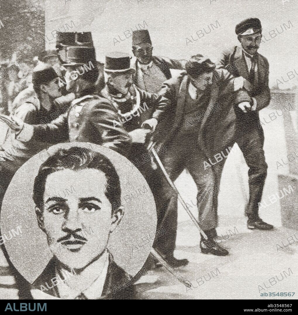 The police arresting Gavrilo Princip, 1894 -1918. Bosnian Serb who assassinated Archduke Franz Ferdinand of Austria and his wife, Sophie, Duchess of Hohenberg, in Sarajevo on 28 June 1914.  From The Story of 25 Eventful Years in Pictures, published 1935.
