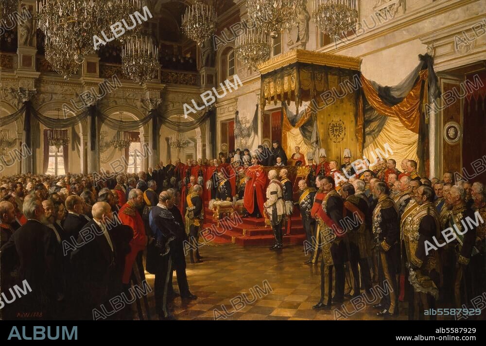Berlin, 25. Juni 1888. "Eröffnung des Deutschen Reichstags im Weißen Saal des Berliner Schlosses durch Kaiser Wilhelm II.". Gemälde, 1888, von Anton von Werner. (1843-1915). Entwurf zu einem Monumentalgemälde (1893). Öl / Lw., 102,5 × 152,5 cm. Berlin, Sammlung E. Werner des Johanniter-Ordens.