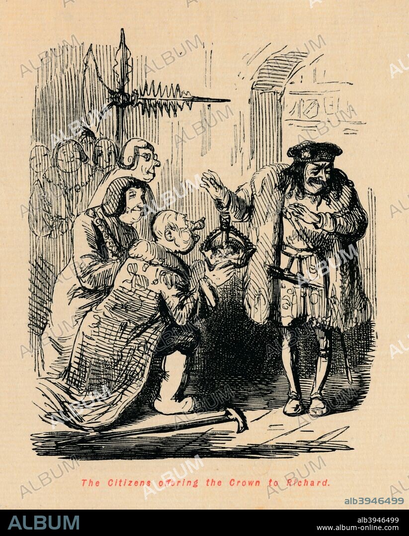 'The Citizens offering the Crown to Richard', c1860, (c1860). A caricature of Henry Stafford, 2nd Duke of Buckingham (1454-1483) and Richard, Duke of Gloucester (1452-1485). From The Comic History of England, Volume I, by Gilbert A A'Beckett [Bradbury, Agnew, & Co., London, ].