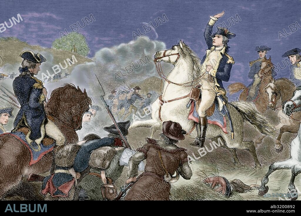 GUERRA DE LA INDEPENDENCIA AMERICANA (1775-1783). La Batalla de Monmouth. Nueva Jersey, 28 de junio de 1778. George Washington capitaneando el Ejército Continental. Grabado del siglo XIX. Coloreado.